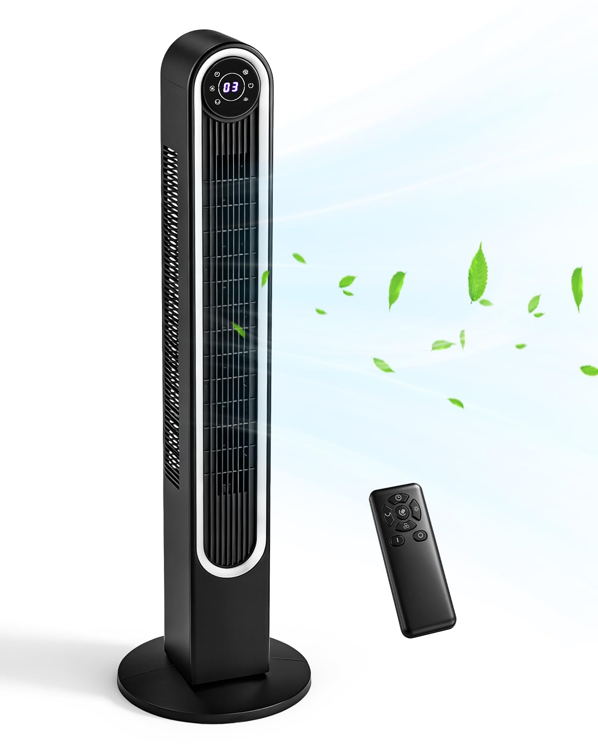 Pinikuyiro 32" Black Bladeless Tower Fan for Cooling for Home Office Bedroom, Ultra-Quiet, Portable Floor Fan with Remote Control, Adjustable 90°