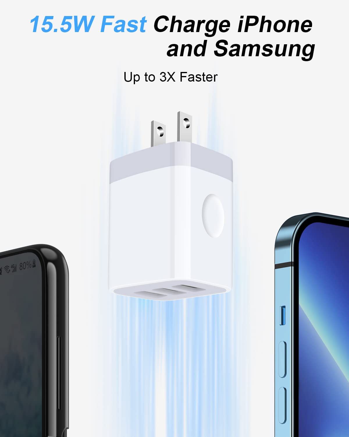 USB Charger Cube, Wall Charger Plug, AILKIN 3.1A 3-Muti Port USB Adapter Power Plug Charging Station Box Base for iPhone 17 16 15 14 13 12 Pro Max