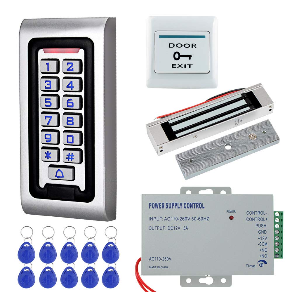 HFeng Door Access Control System Kit IP68 RFID Keypad Waterproof Outdoor + 180KG/320lbs Electromagnetic Electric Magnetic Lock + DC12V 3A Power Supply
