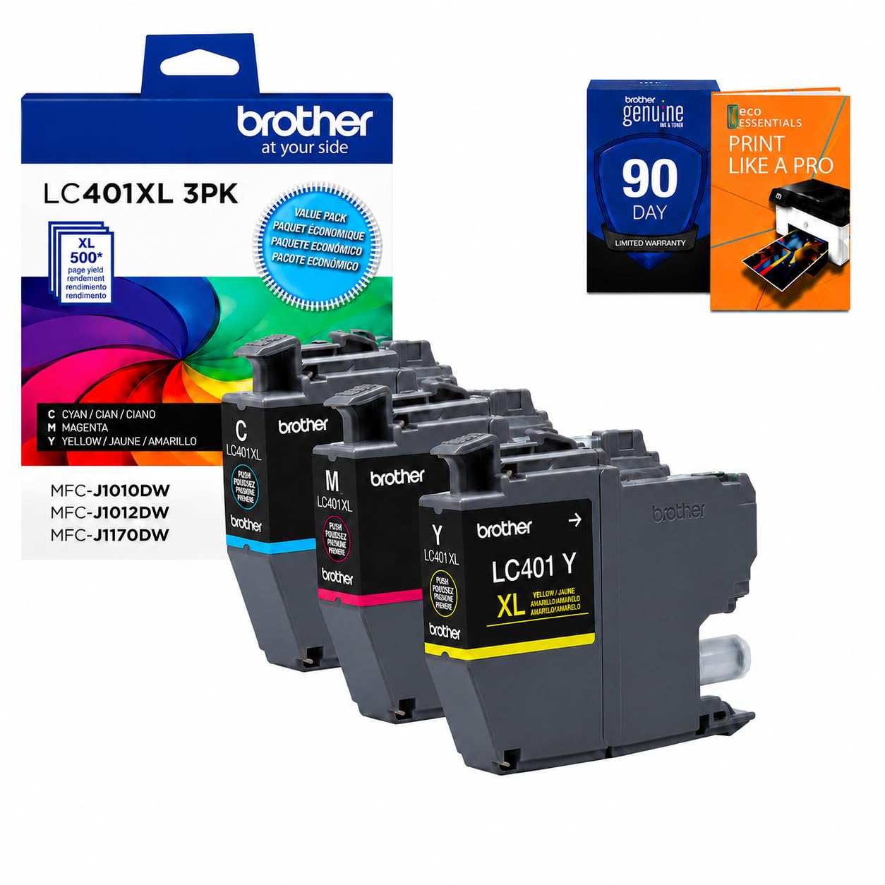 Brother Genuine LC401XL 3-Pack Color High Yield Ink Cartridge (Cyan, Magenta, Yellow) Bundle with Deco Essentials Printer eBook for MFC-J1010DW