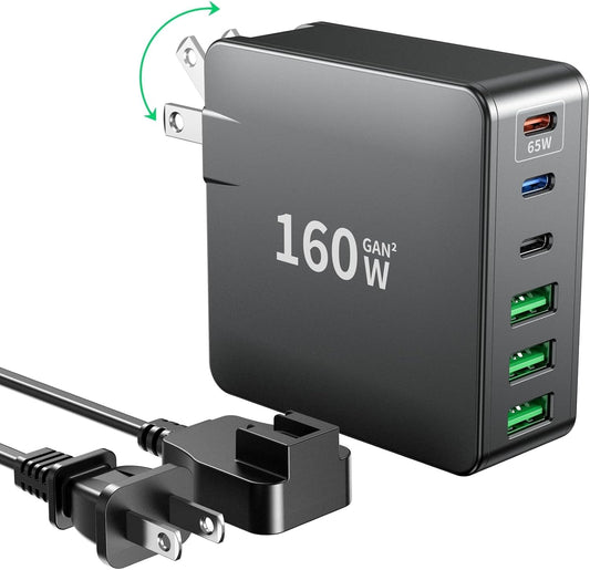 USB C Charger, 160W Fast GaN Compact Foldable Rapid Plug 6 Multiple Port PD Charging Station Laptop Power Adapter for MacBook Pro/Air and iPad Pro