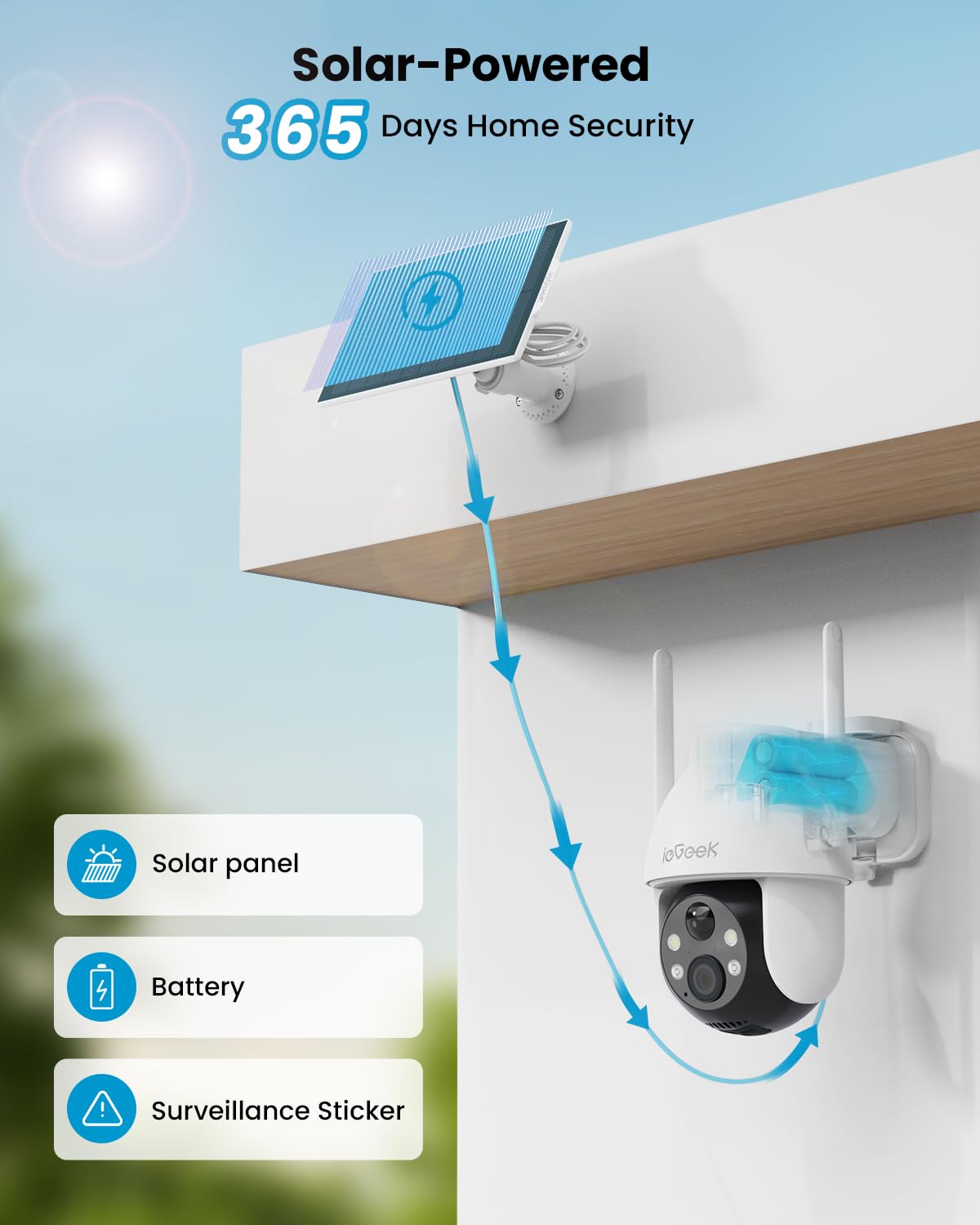 ieGeek Solar Security Cameras Wireless Outdoor, 2K WiFi Camera for Home Security System, Battery Powered Surveillance Cam with 360°PTZ Color Night