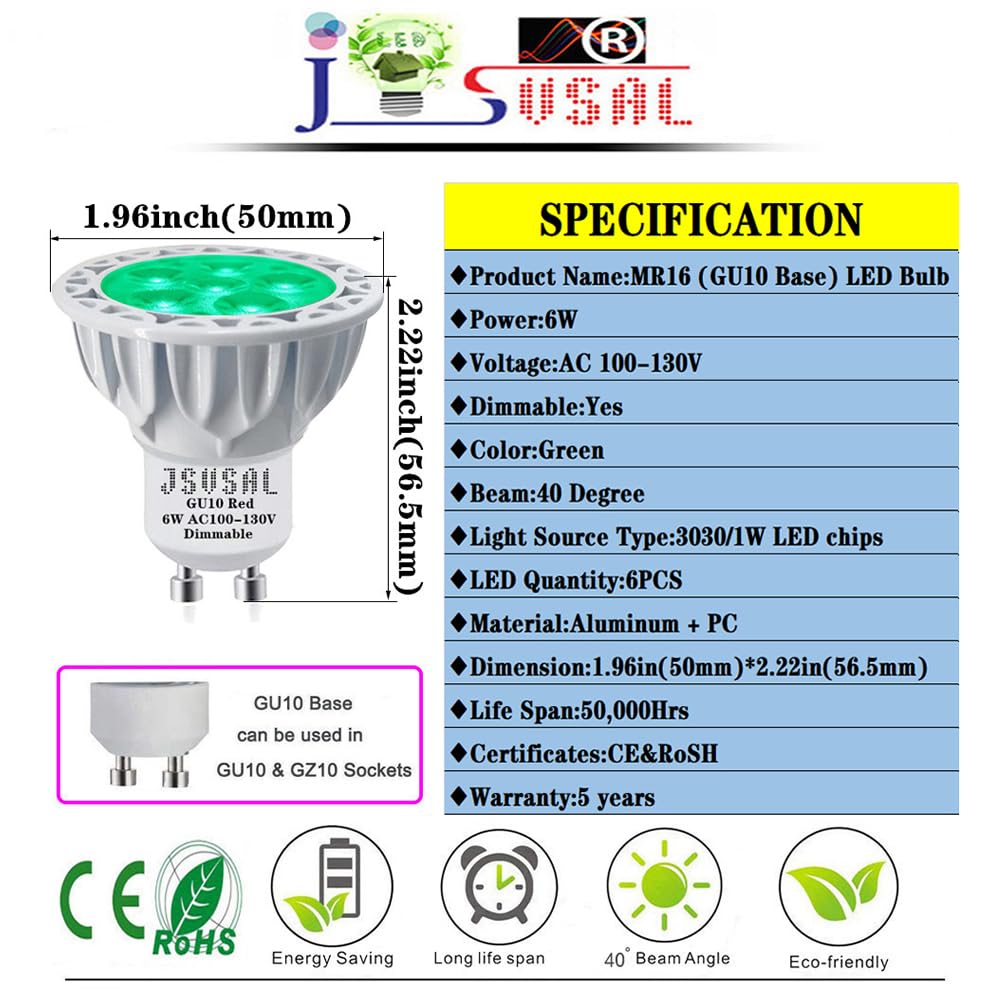 JSVSAL MR16 GU10 LED Bulb,Green,120V 6W, Aluminum Casing,Dimmable,2-Pack