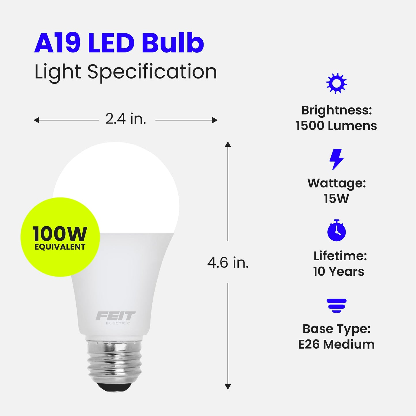 Feit Electric A19 LED Light Bulbs, 100W Equivalent, 1500 Lumens, Neutral White 3000K, 15W, 11,000-Hour Lifespan, General Purpose Indoor/Commercial