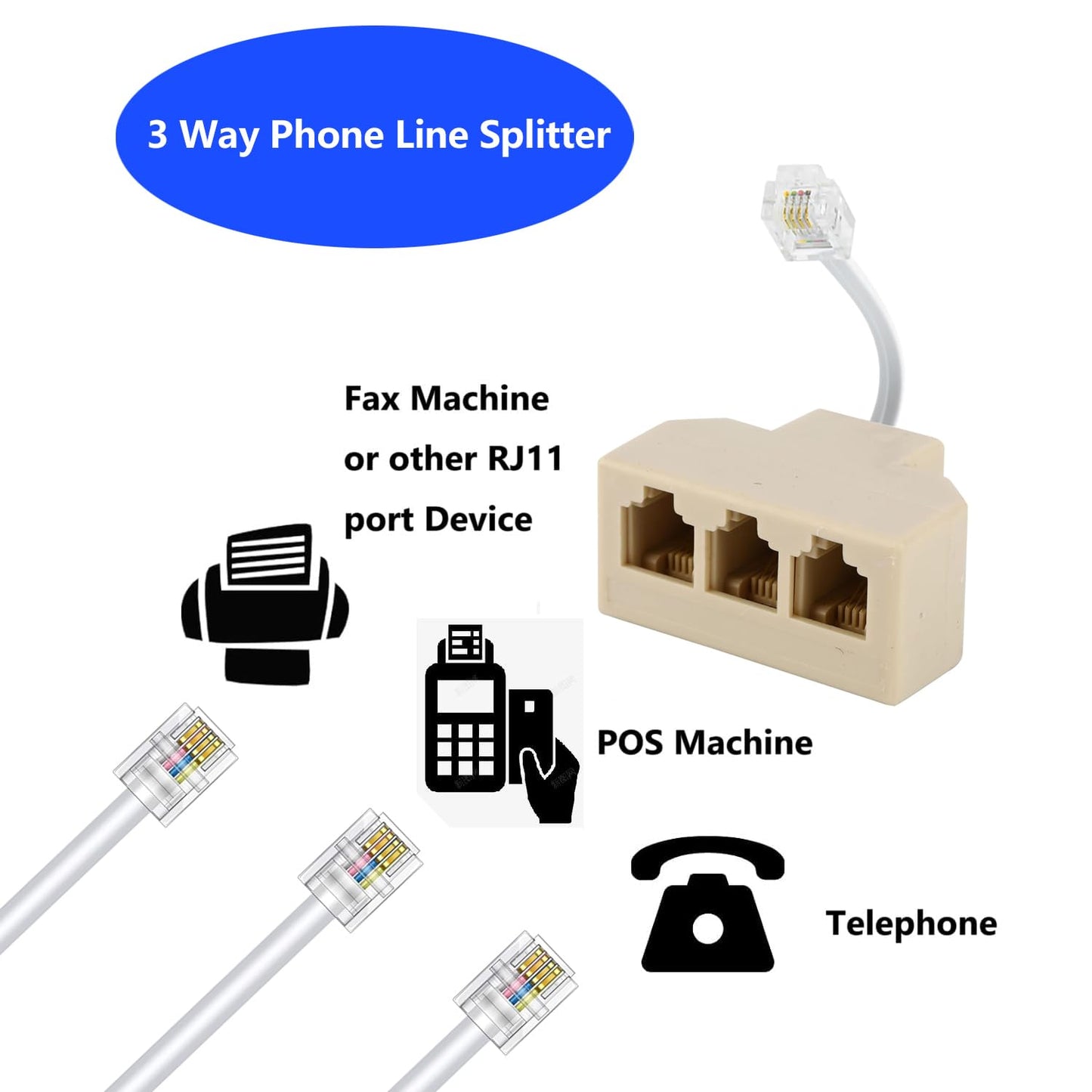Yumiwoow RJ11 Cable 3 Way Telephone Splitter 3 Pack, Beige, Splitter 6P4C Connector Phone Line Cord Adapter with Cable for Landline Telephone Wire