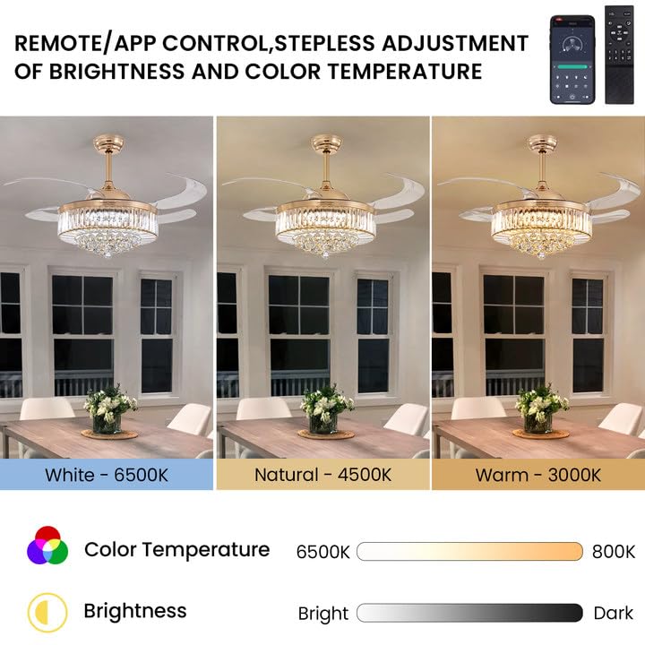 CROSSIO 48" Modern Gold Crystal Ceiling Fan with Light and Remote Crystal Fandelier LED Dimmable Chandelier Fan with Invisible Reversible Fan Blades