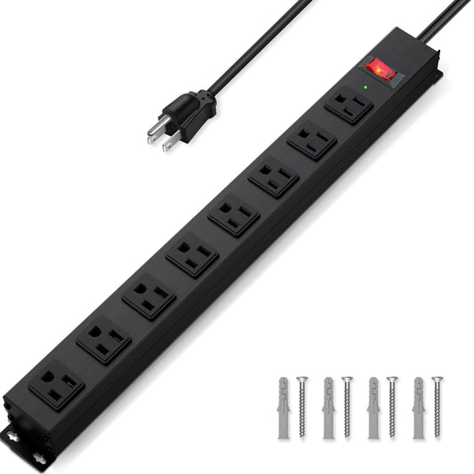 8 Outlet Power Strip Surge Protector, 6 Feet Metal Power Strip Heavy Duty with Switch for Home Office School Shop Garage, Wall Mount with Screw, 2100J