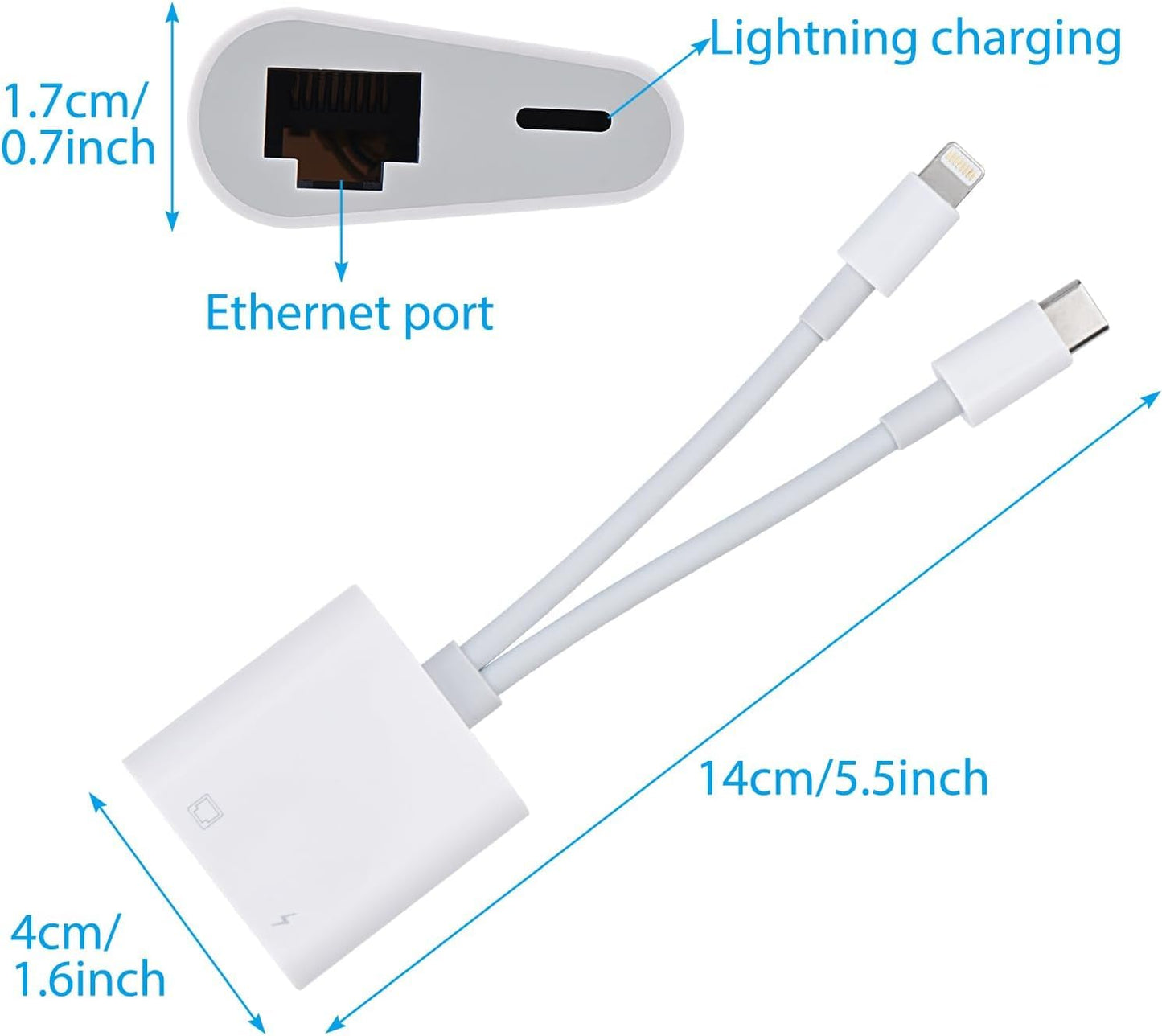 Lightning and USB C to Ethernet Adapter,2 in 1 RJ45 Ethernet LAN Network Adapter with Charge Port Compatible with iPhone/iPad/iPod/Samsung