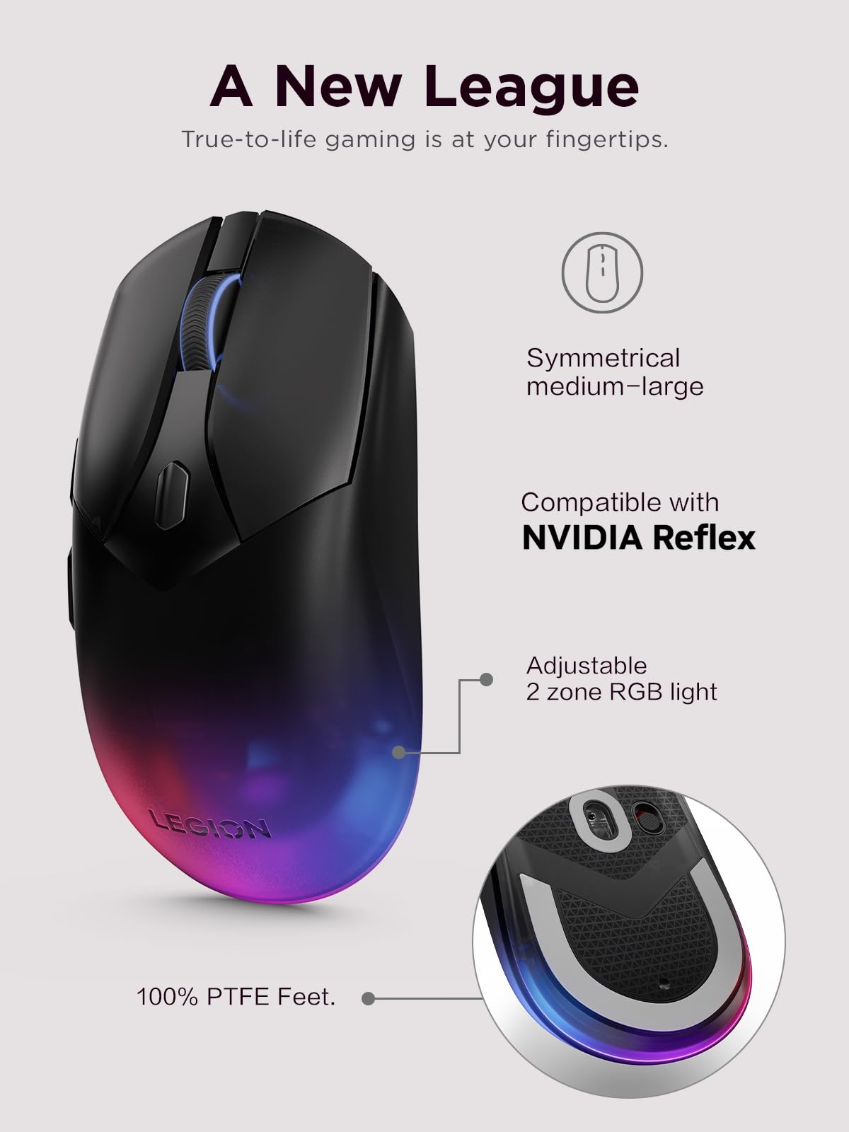 Lenovo Legion M410 Wireless RGB Gaming Mouse - 6 Button Palm Grip Mouse with 16,000 DPI, 53 Hour Rechargeable Battery, 2-Zone RGB Lighting, NVIDIA