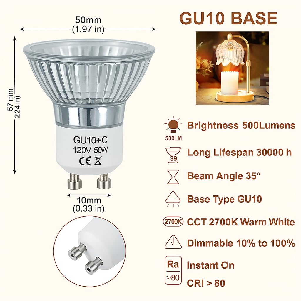 Cinsenten GU10 Halogen Bulb for Candle Warmer Lamp Replacement 50W 120V 110V, GU10+C 2 Pin Halogen Light Bulbs with Glass Cover Dimmable Warm White