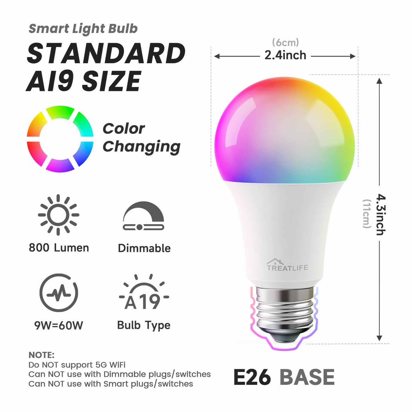 TREATLIFE Smart Light Bulbs 4 Pack, 2.4GHz Color Changing Light Bulb, Works with Alexa Google Home, A19 E26 Dimmable LED Light Bulb 9W 800 Lumen