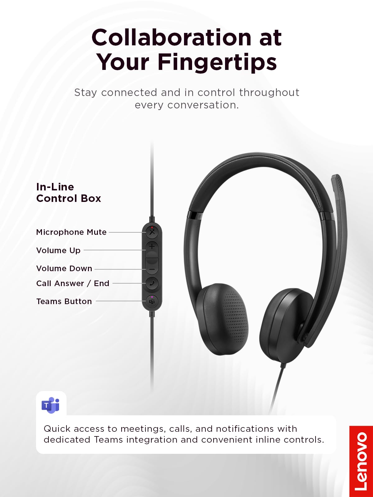 Lenovo Wired VoIP Headset 5000 for Microsoft Teams - USB C & USB A Plug and Play, AI Noise Canceling Microphone, Lightweight Over Ear Design