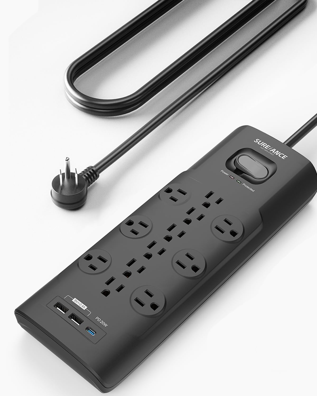 Surge Protector Power Strip, SUREANCE Surge Protector with 12 Outlets and 4 USB Ports, 20W PD USB-C Fast Charging for Home, Office, 4100 Joules, Flat