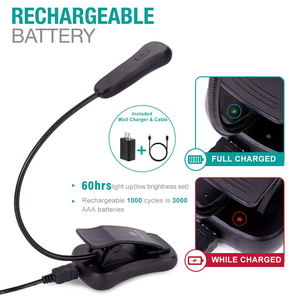 Vekkia Book Light Set with Charger, Clip on Reading Light in Bed with 3 Brightness, Up to 60 Hrs, Rechargeable, Eye-Care Warm LED for Read Before Bed