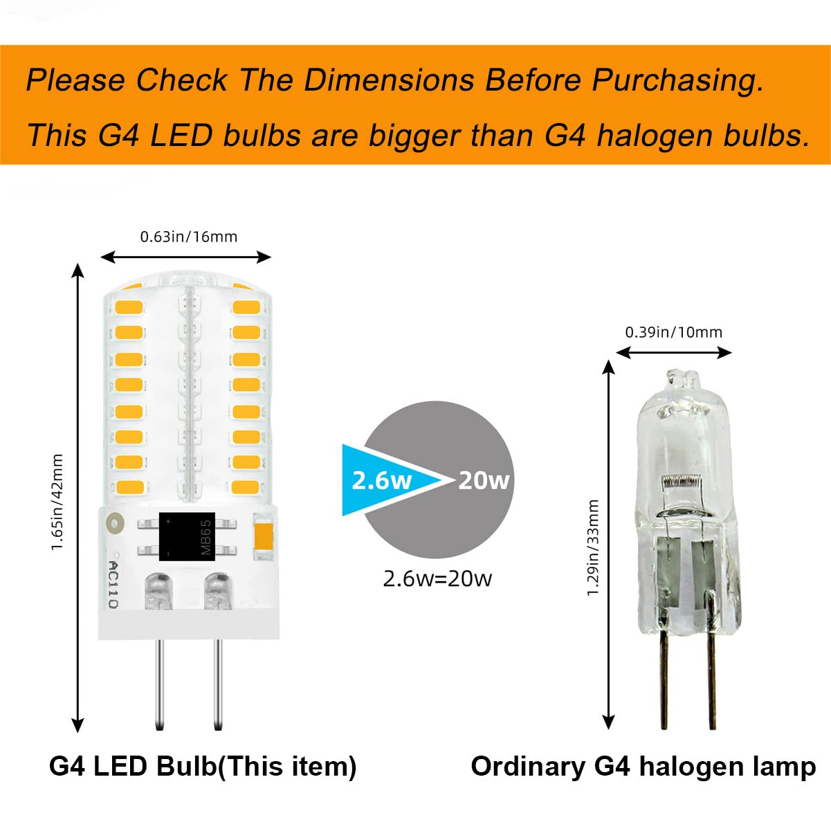 TZHILAN G4 LED Bulb Dimmable 110V 120V 2.6W 280 Lumens 64pcs Silicone Lamp Equivalent to 20W Halogen Bulb Replacement Warm White 2700K-3000K G4 Light