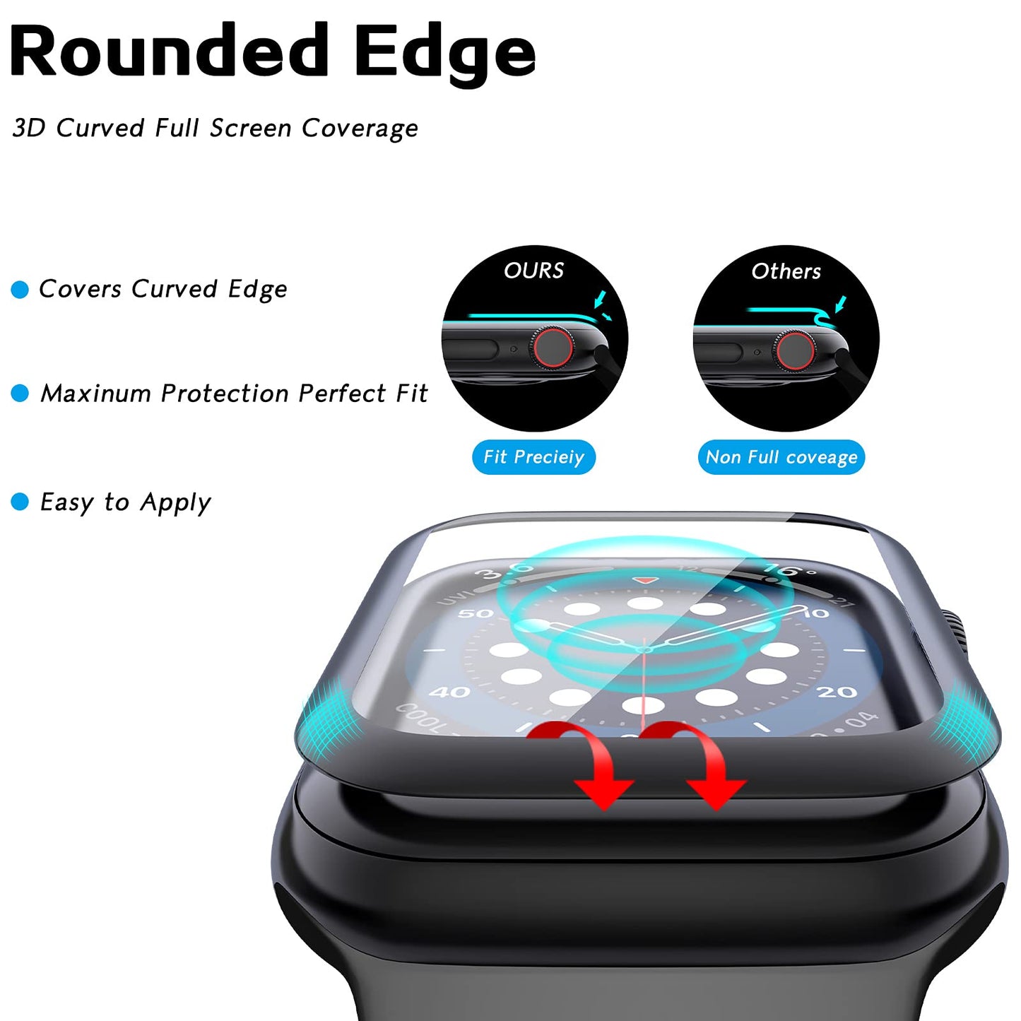 [2 Pack] Geekboy Tempered Glass Screen Protector for Apple Watch Series 6/SE/5/4, 3D Curved Edge Full Coverage Protective Cover, Anti-Scratch 9H