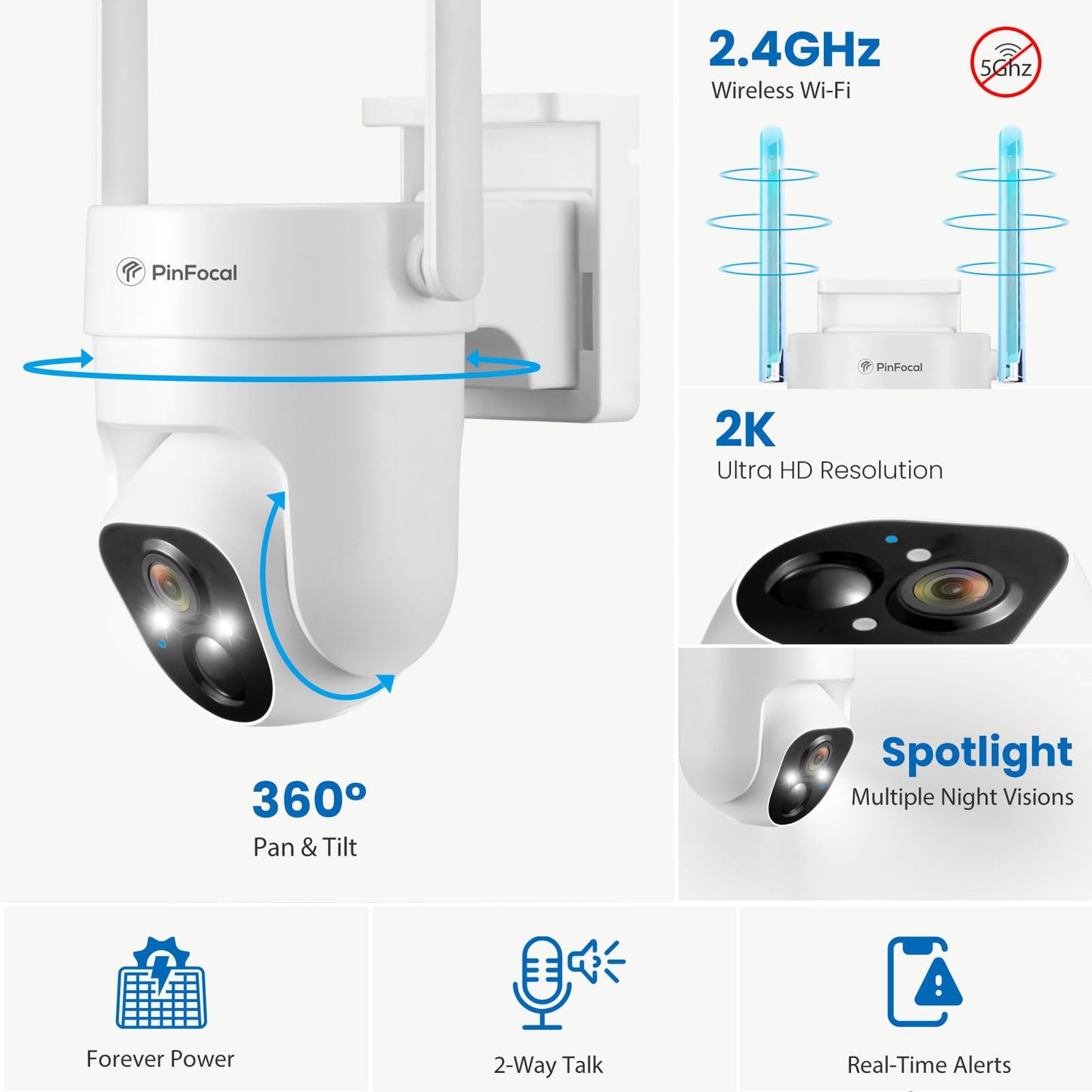 PinFocal 2K Solar Security Camera Wireless Outdoor, 360° View Pan/Tilt Battery Camera for Home Security, Color Night Vision, Spotlight, 2-Way Audio