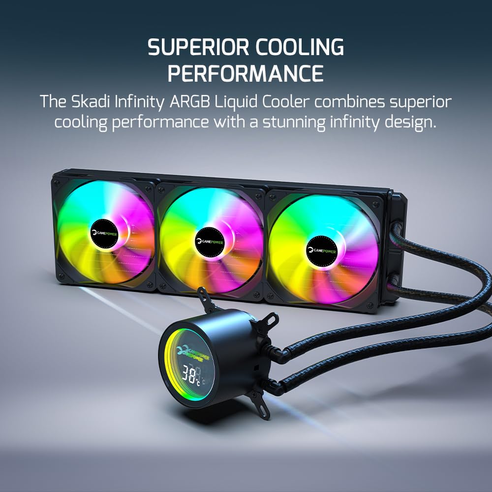 Gamepower Skadi Infinity 360 AIO CPU Liquid Cooler, ARGB Pump with Real Time Temp, 360mm Radiator with 3X PWM HDB Fans, 13.5 W/mK Thermal Paste