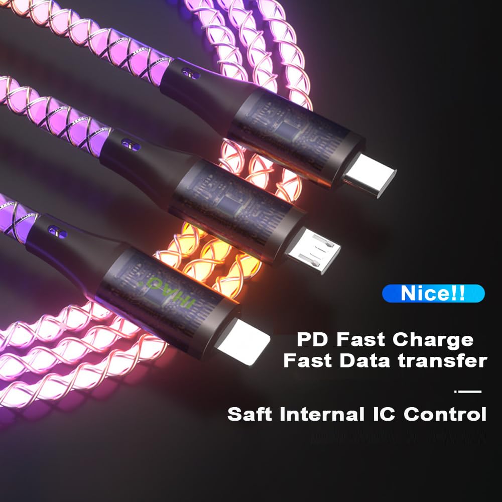AYI 3 Combinations Multi Ports Charger Cable USB A to USBC Micro PD Fast Charging Cord Lighted Up Current Flowing Compatible with Almost of Electrical