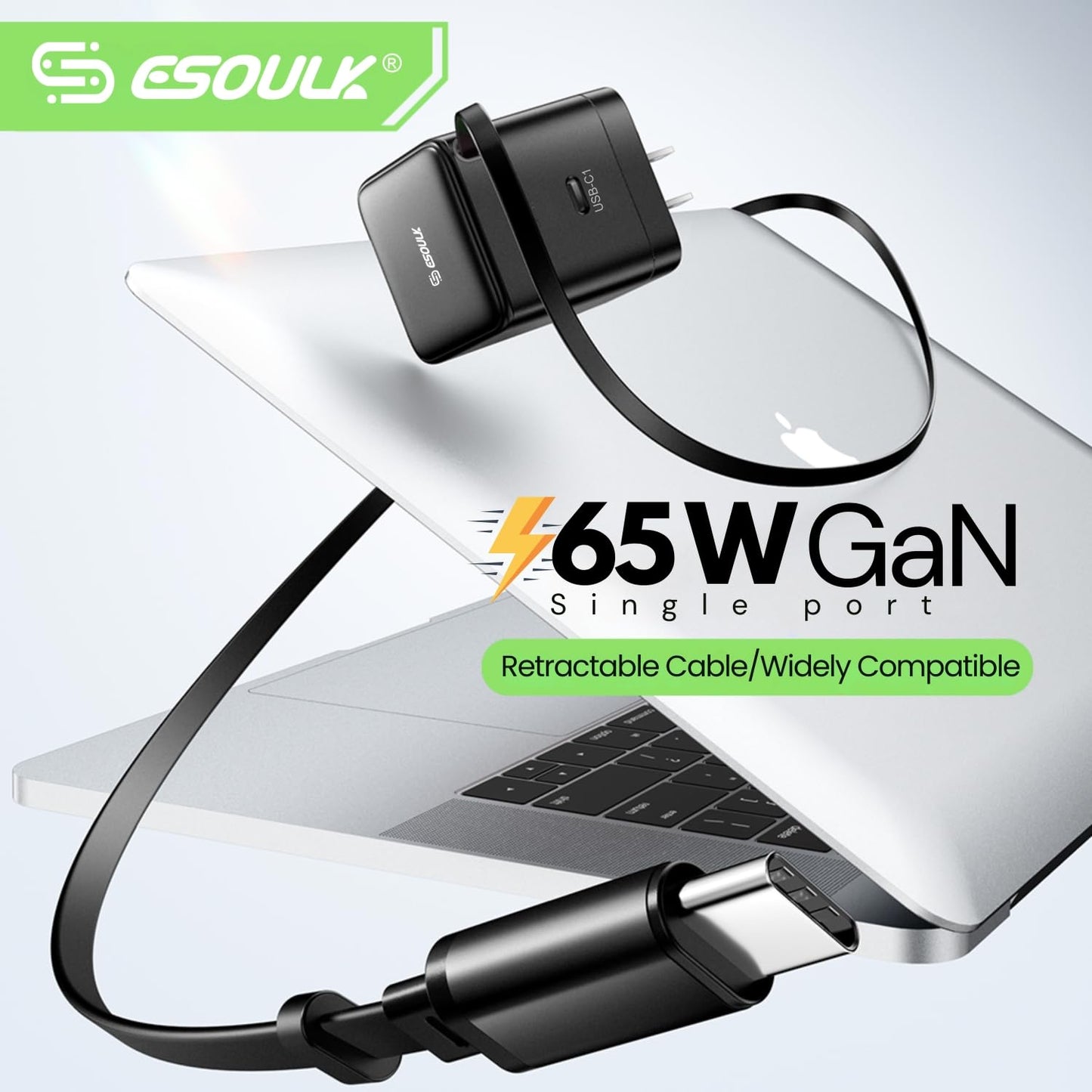 [Esoulk] 65W GaN USB C Charger with 27.5" Retractable Cable, Dual Port Fast Charger with Foldable Plug for iPhone, MacBook & Samsung