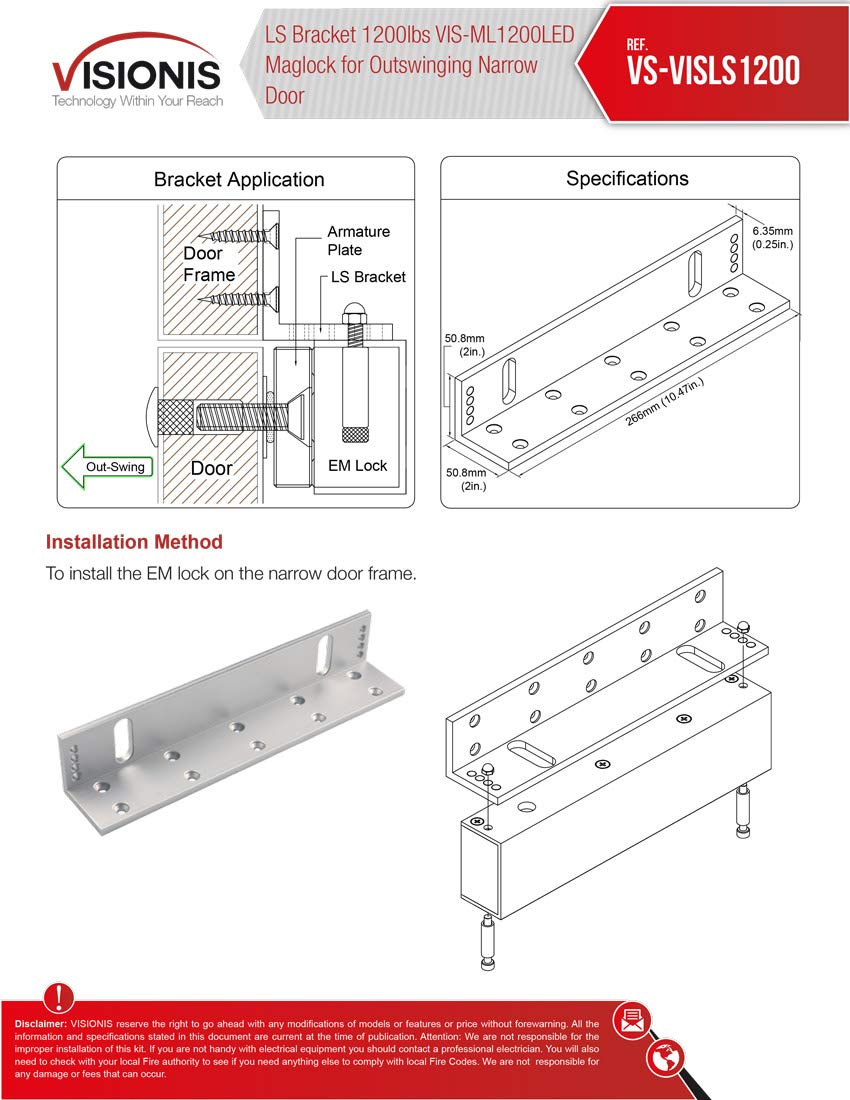 Visionis FPC-VISLS1200 LS Bracket 1200lbs VIS-ML1200LED Maglock for Outswinging Narrow Door