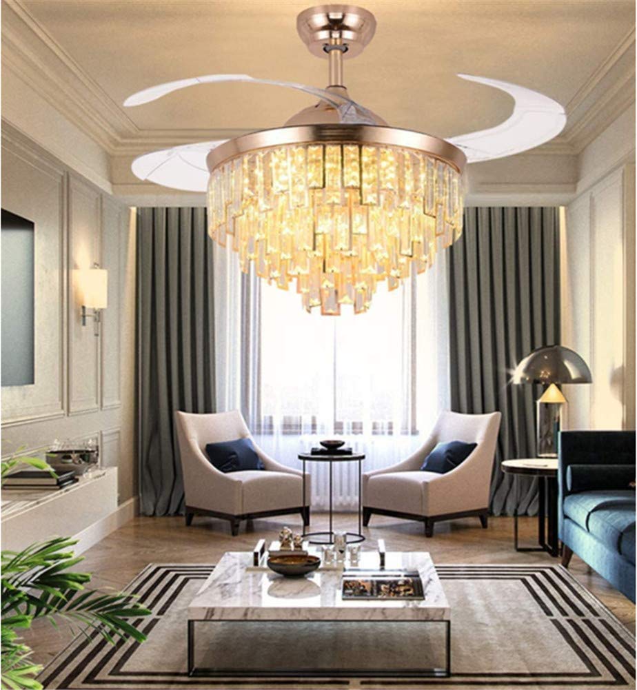 Angry Pryo 42" Luxury Crystal Retractable Ceiling Fan with LED Lights and Remote,3 Color 3 Speed Silent Motor Ceiling Fan Chandelier for Living Room
