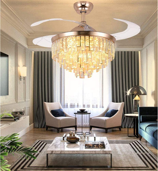 Angry Pryo 42" Luxury Crystal Retractable Ceiling Fan with LED Lights and Remote,3 Color 3 Speed Silent Motor Ceiling Fan Chandelier for Living Room