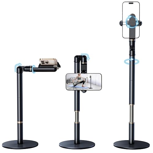 nediea Retractable Phone Stand for Desk,10.2-24.4in Height Adjustable Rotating Phone Holder for Recording,Aluminium Overhead Phone Mount for iPhone