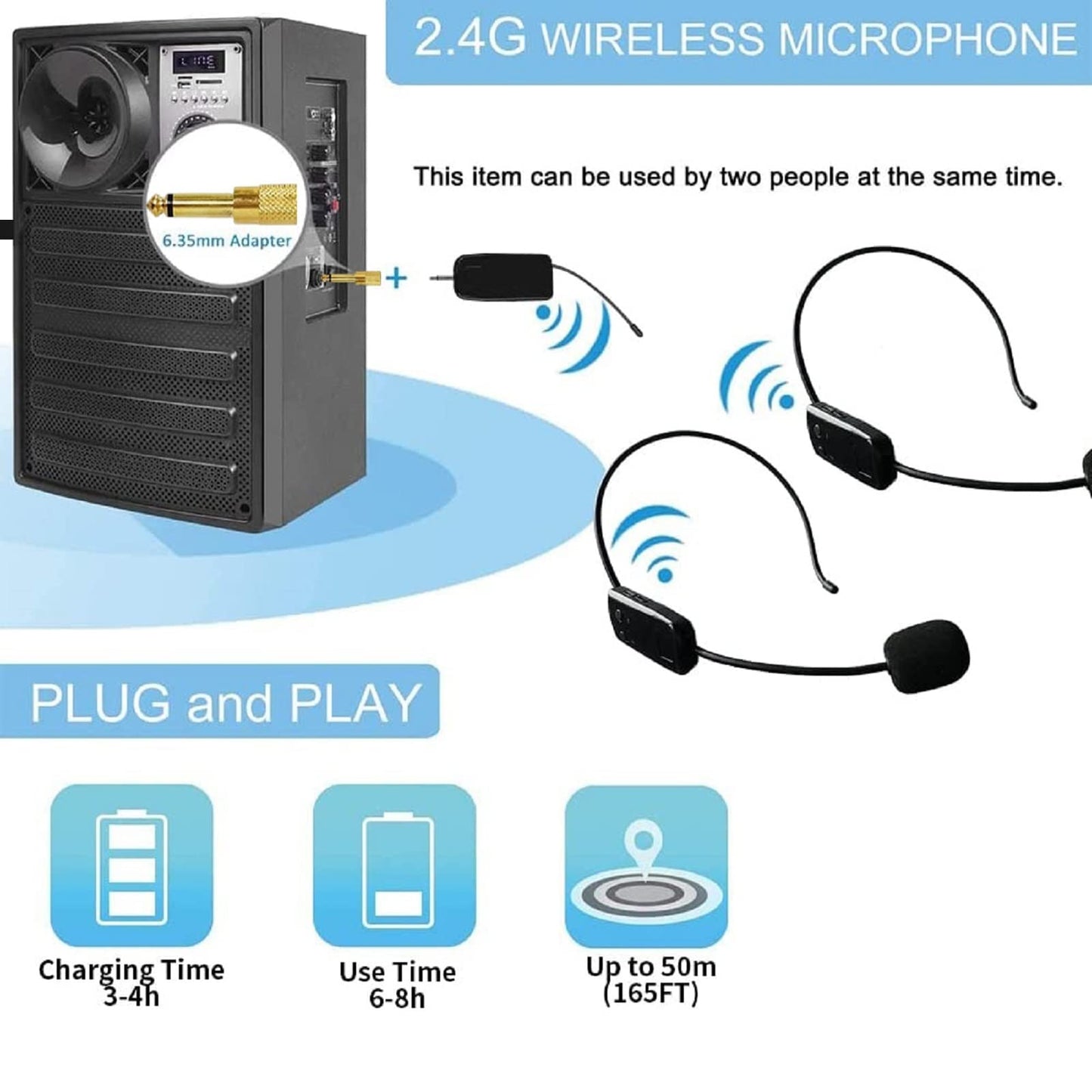 Wireless Microphone System for 2 People, 2.4G Dual Wireless Headset Mics Ideal for Speakers, Voice Amplifier, PA System, Teacher, Tour Guides, Fitness