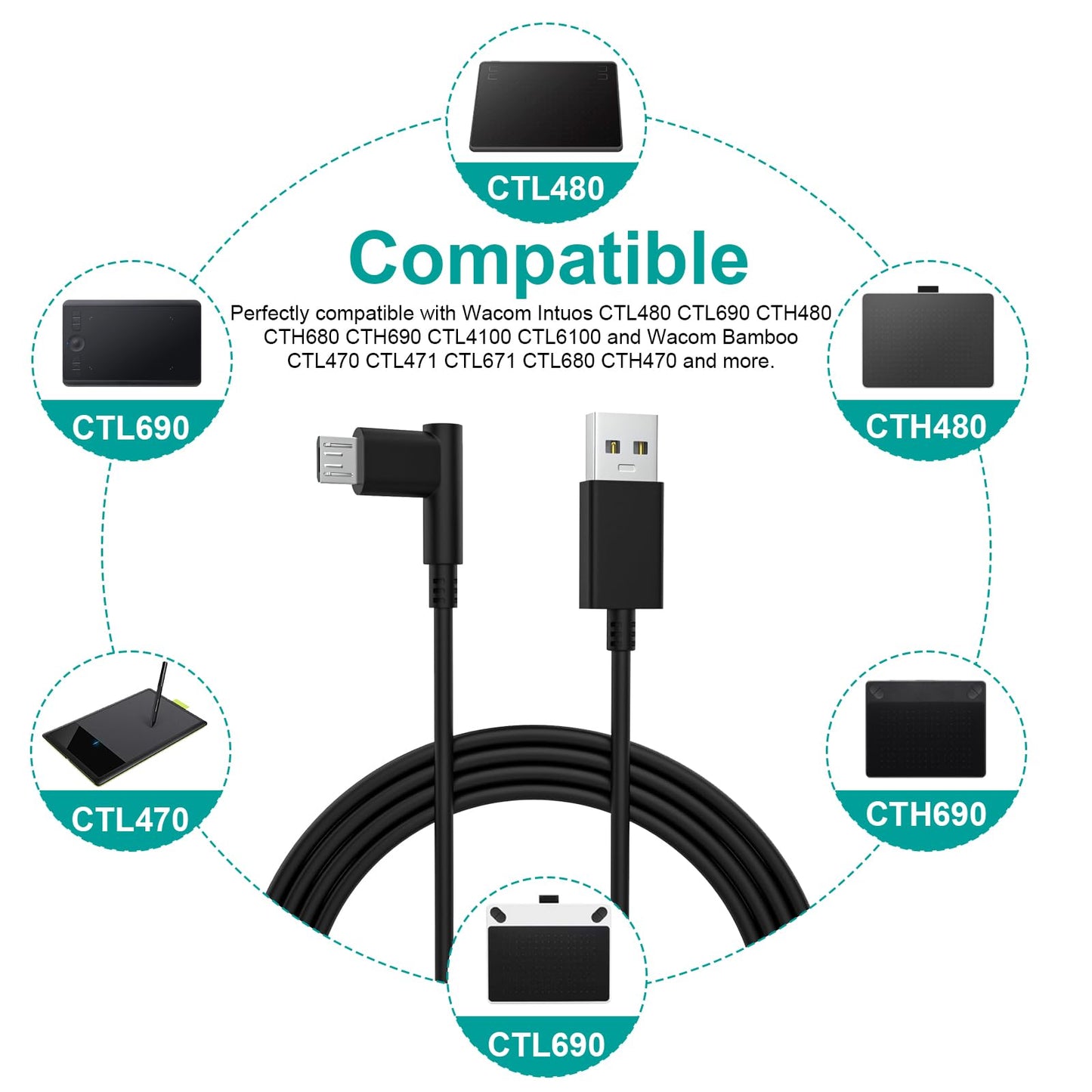 Wacom Micro USB Cable Compatible with Wacom-Intuos CTL480 CTL490 CTL690 CTH480 CTH490 CTH680 CTH690 Tablet and Wacom Bamboo CTL470 CTL471 CTL671