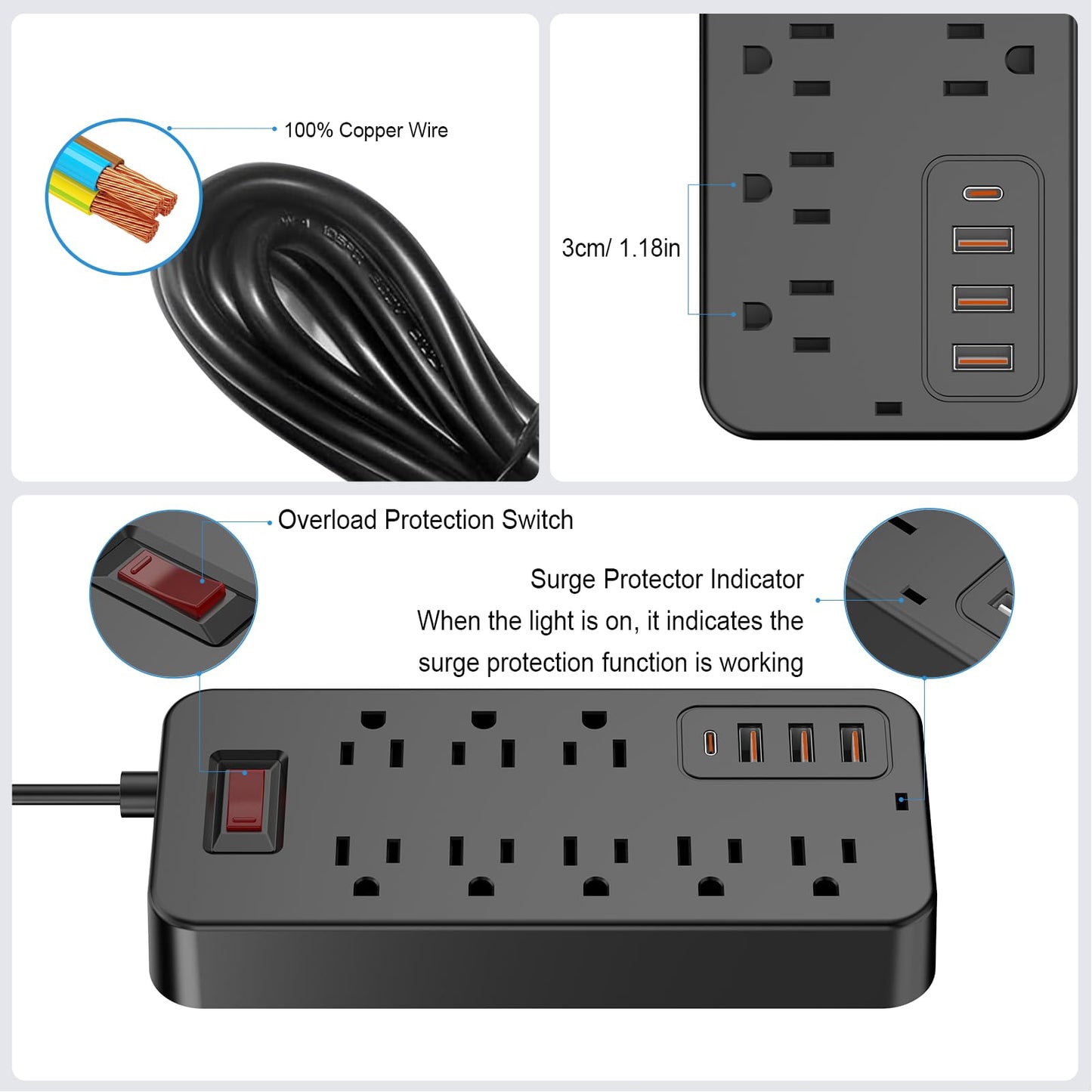 Extension Cord Surge Protector Power Strip - Flat Plug Braided Power Bar with 8 Widely Outlets and 4 USB Ports(1 USB C), Multi Plug Wall Mount Desk
