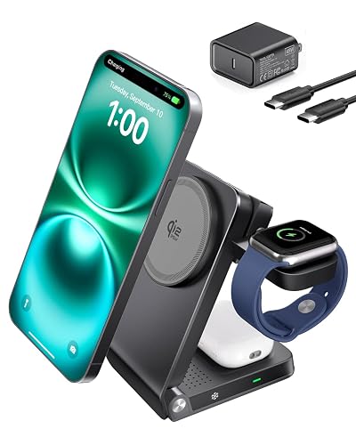 Doge&Vollar 3 in 1 Qi2.2 25W MagSafe Wireless Charging Station, Foldable Charger Stand for iPhone 17 16 Pro Max, Apple Watch & AirPods, Fast Low-Heat