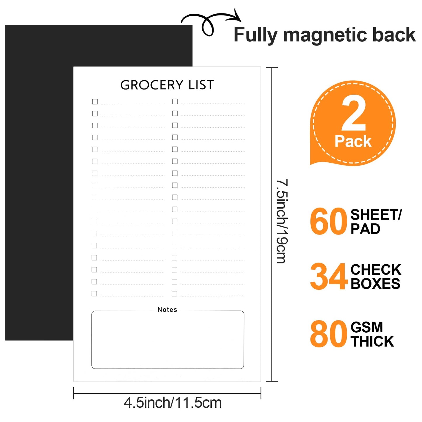 Joyberg Grocery List Magnet Pad for Fridge, 2 Pack Magnetic Notepads for Refrigerator, Magnetic Grocery List Pad for Fridge, Full Magnet Back Shopping