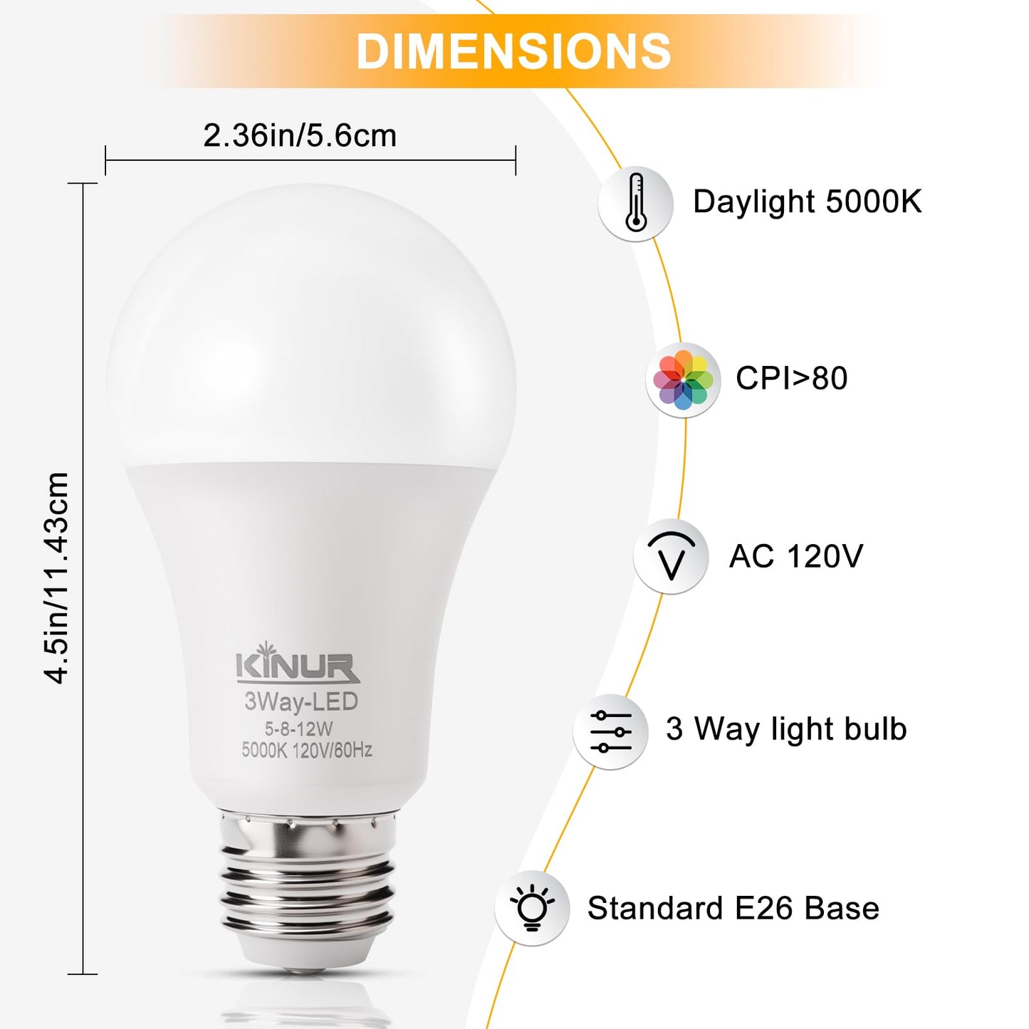KINUR LED 3-Way Light Bulbs 30/70/100 Watt Equivalent, 5000K Daylight, A19 E26 Base, 500lm-800lm-1200lm, 3-Way Dimmable Light Bulbs for Reading