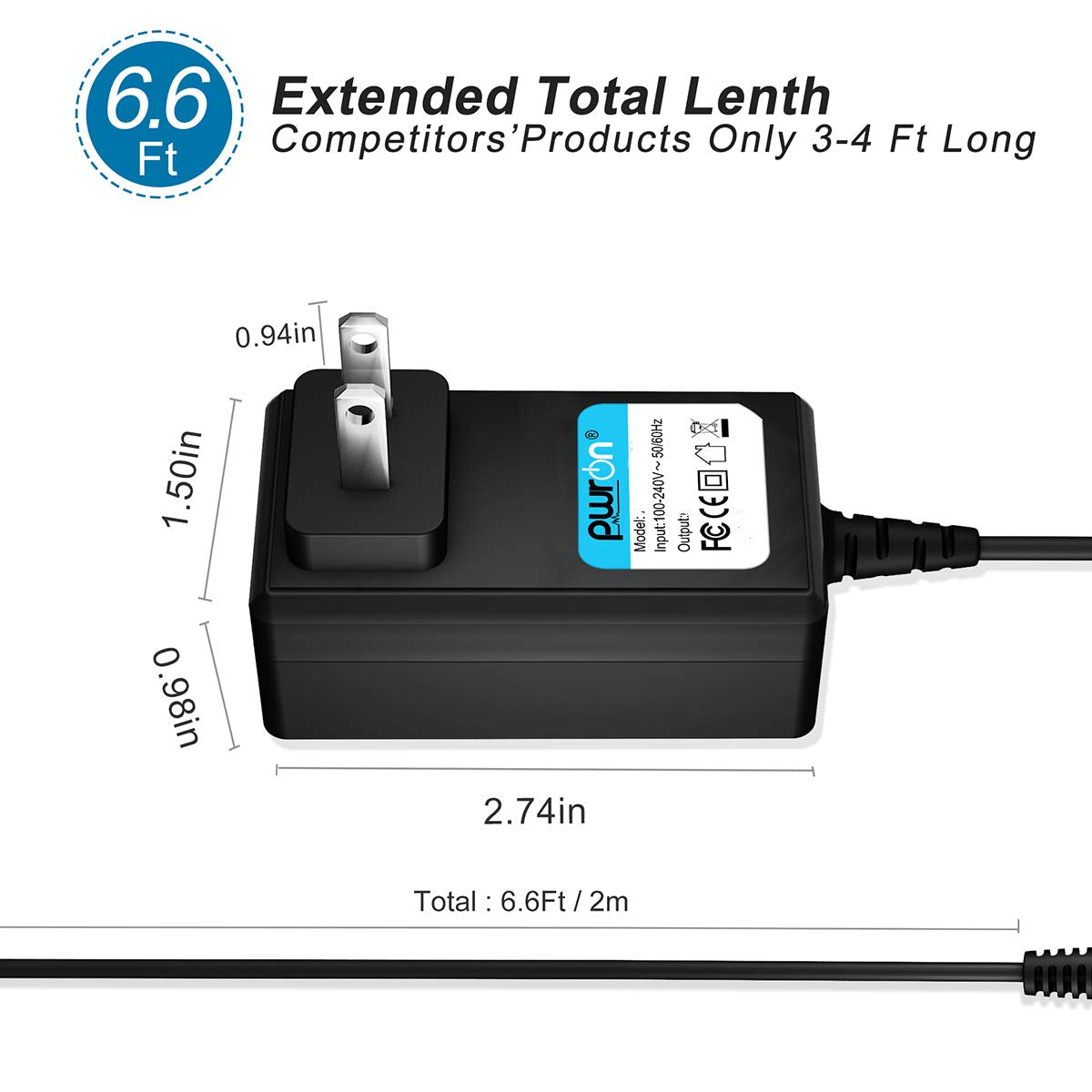 PwrON 6.6 FT Long 5V Mini USB AC to DC Power Adapter Charger for Creative Zen MP3 MP4 Player