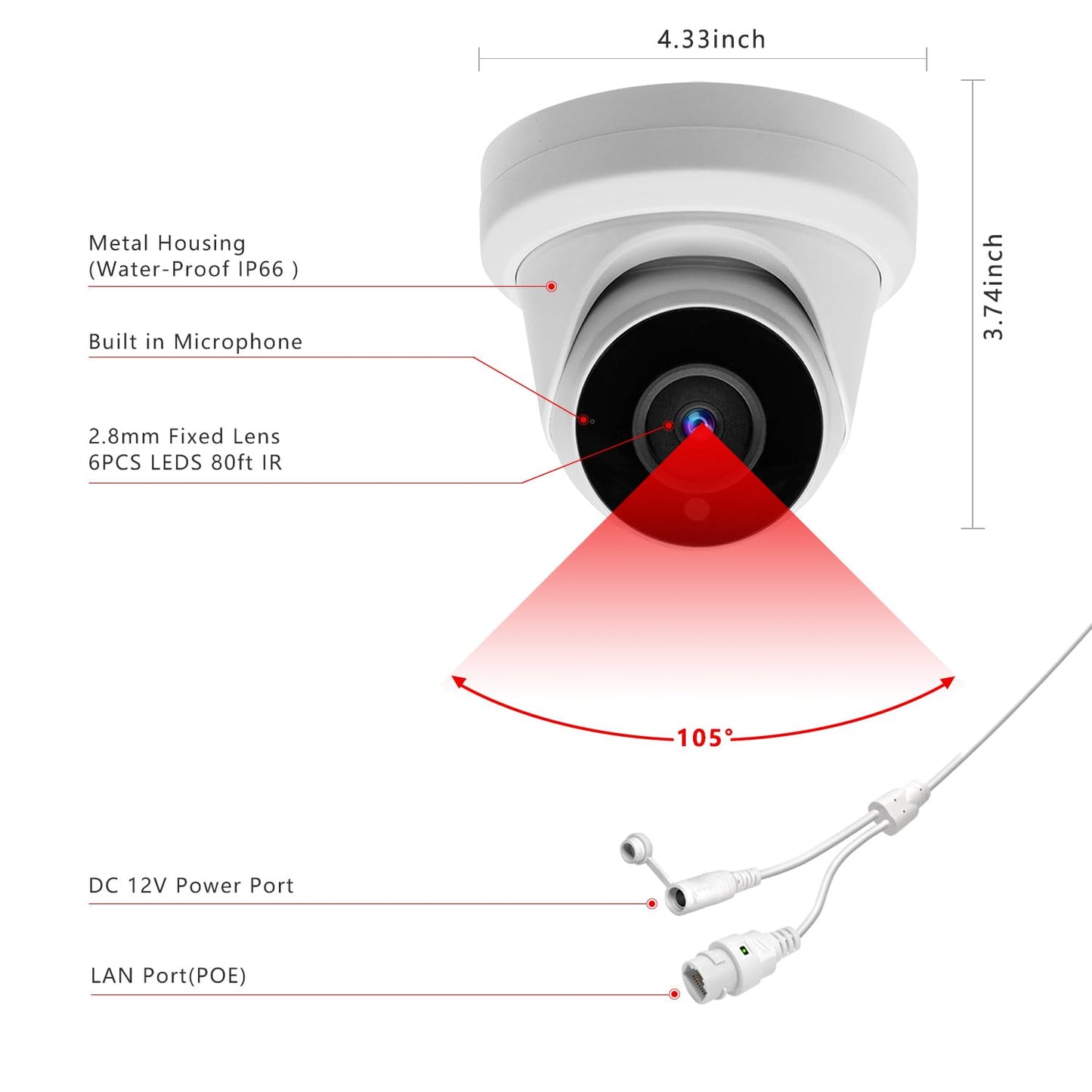 Tennoz 8MP 4K IP PoE Turret Camera Outdoor, H.265 PoE IP Security Dome Camera with 80ft Night Vision, 2.8mm Lens, 105° Wide Angle, Built-in Mic, WDR