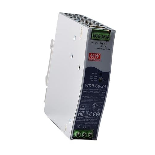 Mean Well USA WDR-60-24, 60W DIN Rail Power Supply; 24V@2.5A; 180-550V AC In
