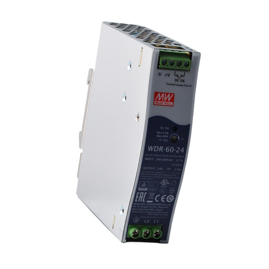 Mean Well USA WDR-60-24, 60W DIN Rail Power Supply; 24V@2.5A; 180-550V AC In