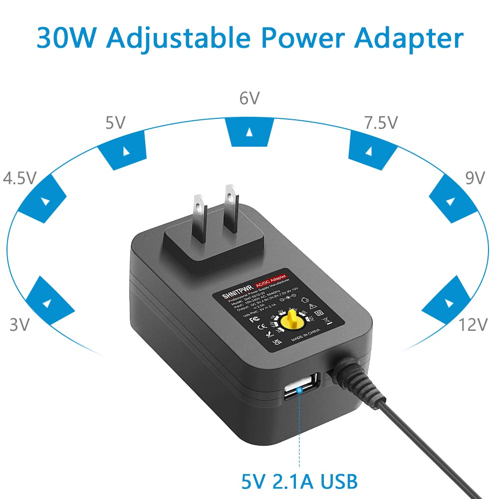 SHNITPWR 30W Universal Power Supply – Adjustable 3V-12V AC/DC Adapter with 5V 2.1A USB Port, 100-240V Converter, 0.5A-2.5A Max, 14 Tips
