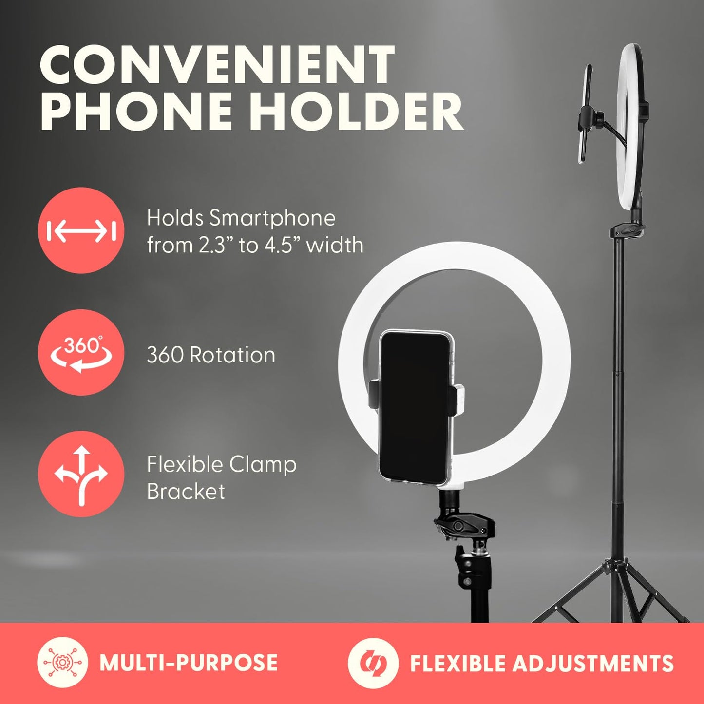 Squatz 11" Selfie Ring Light with 61" Tripod Stand, LED Ring Light with Phone Holder, Wired Control USB, 10 Brightness Levels, 3 Color Modes
