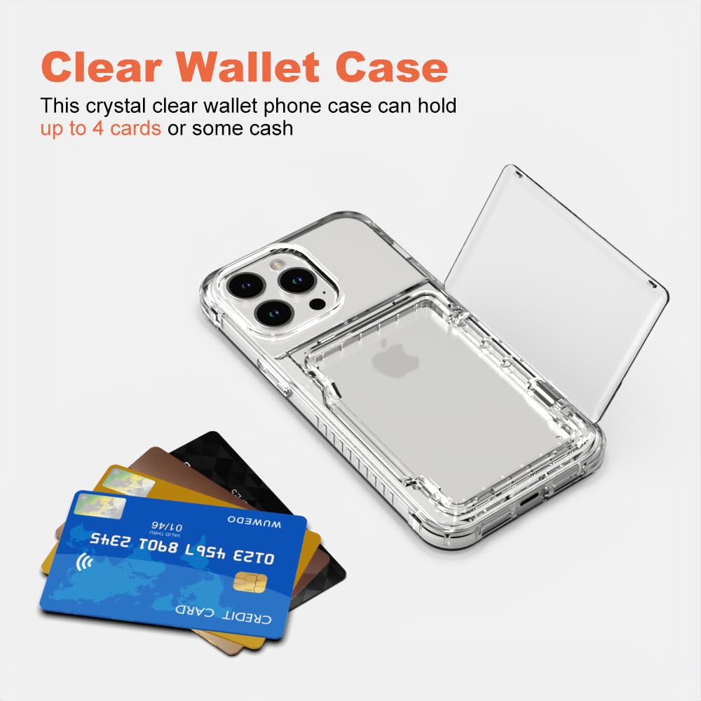 Wuwedo for iPhone 15 Pro Max Clear Wallet Case, Up to 4 Cards, Hybrid Protective Anti-Slip Case with Card Holder, TPU + PC, Anti-Yellowing, 6.7" 2023