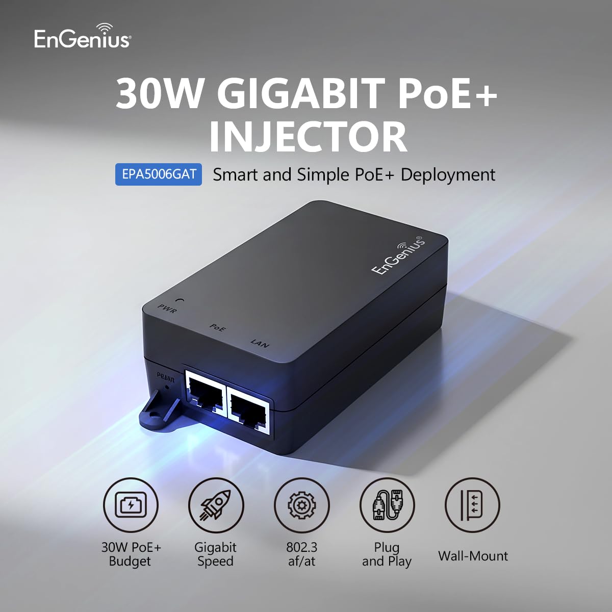 EnGenius Gigabit Power Over Ethernet PoE+ Injector | 30W | 802.3af/at | Plug & Play | Up to 100 Meters (328ft) | Single Port [EPA5006GAT]