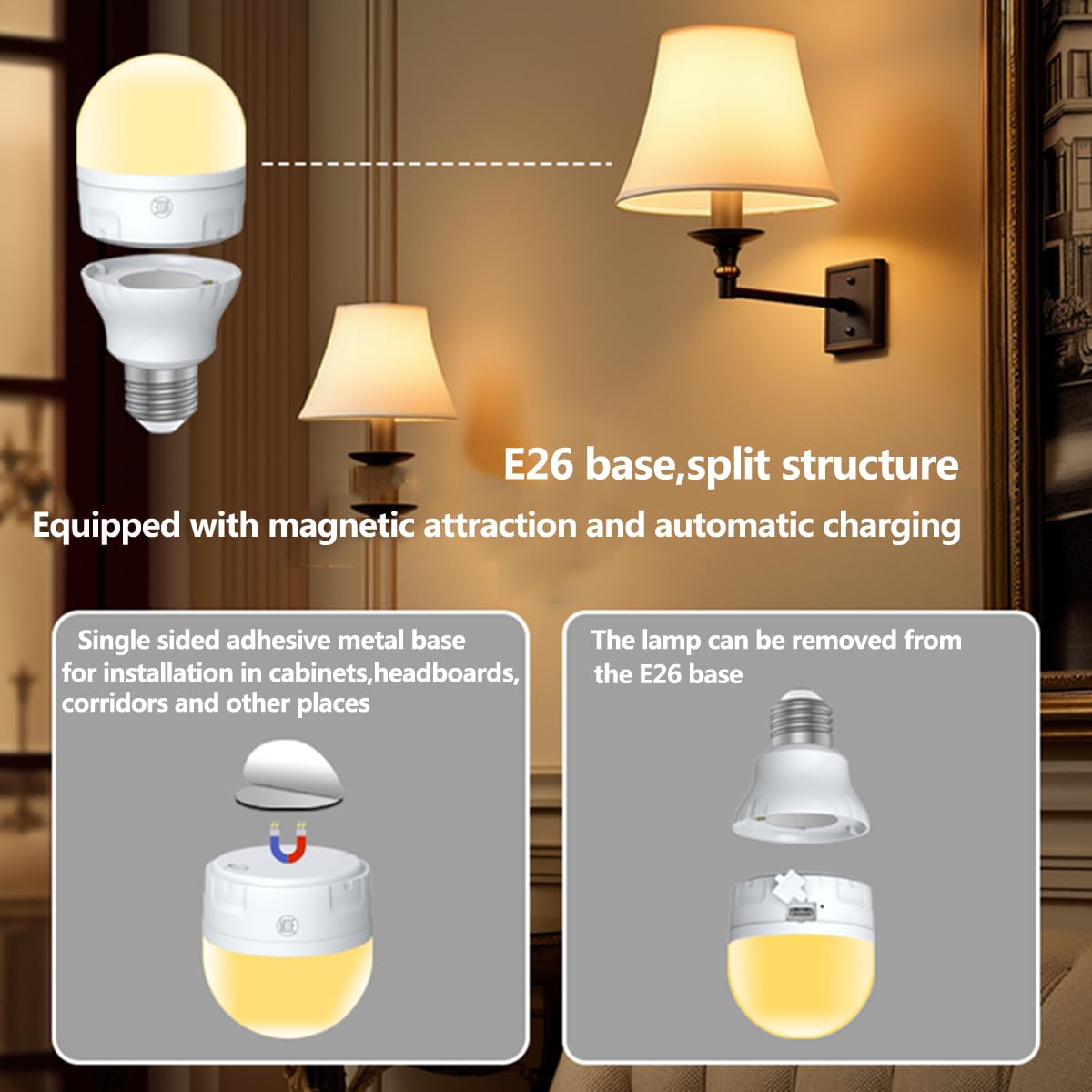 ABZXT E26 Auto Charge Light Bulb with Battery Backup Bulb,Timer for Sconces and Lamps, E26 and USB Charging for Non-Hardwired Fixture, 3 Color