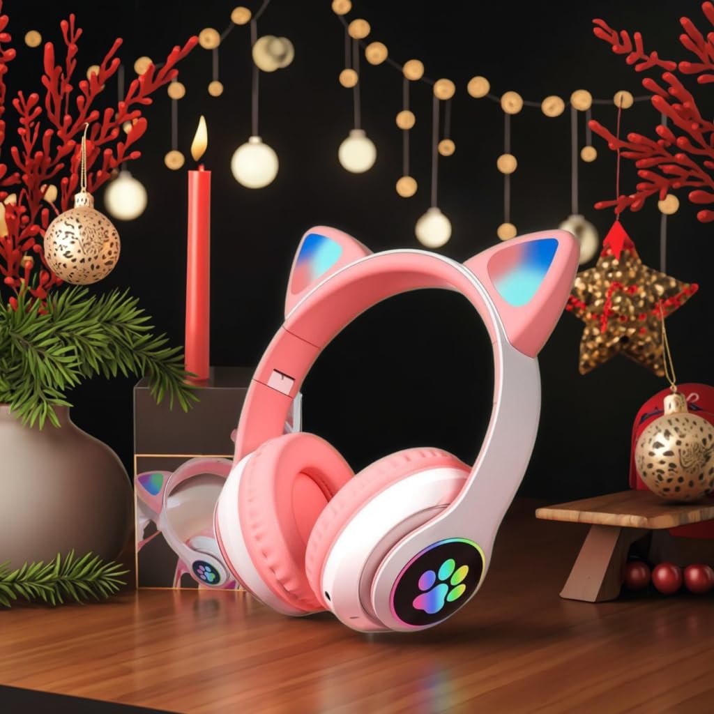 YUSONIC Cat Ear Bluetooth Headphones for Kids & Adults, Wireless Foldable & Wired Multi-Function LED Light Up Over Ear Headphones with Mic and Volume