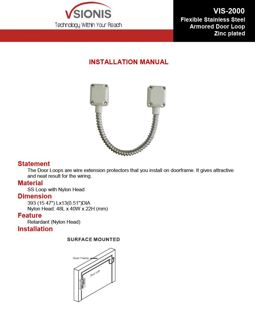 Visionis VIS-2000 Flexible Stainless Steel Armored Door Loop Zinc Plated with Nylon Ends for Security Access Control