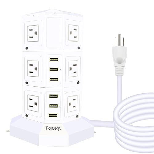 Power Strip USB Surge Protector Tower 12 AC Outlets with 6 USB Ports Chargers 10 Feet Long Extension Cord Indoor White-Powerjc