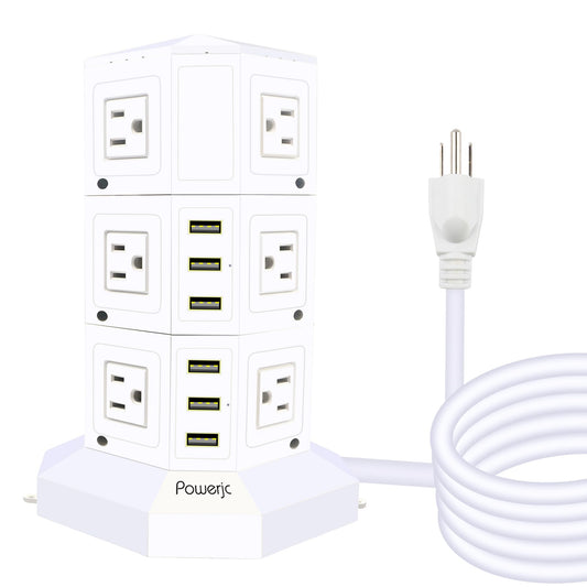 Power Strip USB Surge Protector Tower 12 AC Outlets with 6 USB Ports Chargers 10 Feet Long Extension Cord Indoor White-Powerjc