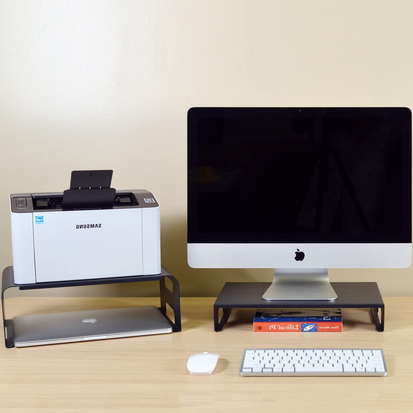 AEONS Versatile 2-Piece Monitor Stand Riser Desk Organizer, Ergonomic 2-Tier Computer iMac Display Holder Laptop Stand Printer Storage Shelf Cable