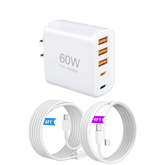 USB C Charger Block, 60W Fast Charging Multiport Adpater [2 USB-C & 3 USB-A Port] with 4FT & 6FT USB C Cable, 5-Port Type C Box Brick USB A Plug for i