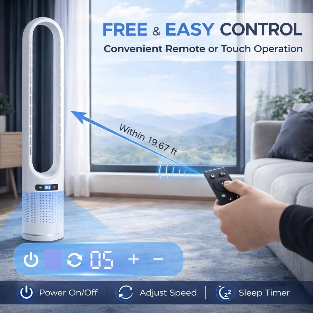 Zoolati 41" Bladeless Tower Fan with Air Filter, 80° Oscillating Fan with Remote Control, 8 Speeds, 8H Timer, Quiet Cooling Fan with LED Display